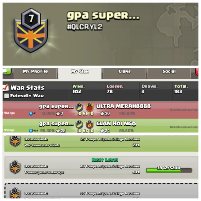 C173▰CLAN NAME: gpa super...▰CLAN LEVEL: 7▰POSITIVE WAR LOG: WINS-102 / LOSS-78▰KYC SELLER◈EXTRA ORDINARY STORE