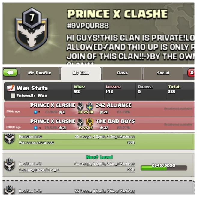 C176▰NAME: PRINCE X CLASHE▰LEVEL: 7▰WAR LOG: WINS-93 | LOSS-142▰CHEAP RATE IN MARKET◈EXTRA ORDINARY STORE