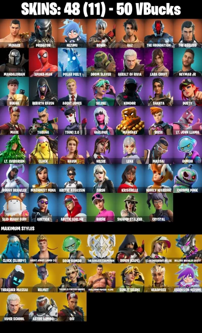 (PC/PSN/XBOX) 50 VB) 48 SKINS / Menace | Predator | Nezumi | Ronin | Raz | The Foundation | The Ageless | Mandalorian | Spider-Man /