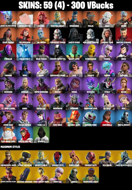 (PC/PSN/XBOX) 300 VB) 57 SKINS / Renzo the Destroyer | Peter Griffin | Valeria | Spectra Knight | Omegarok | Malik | Snap | Ronin | Kado Thorne