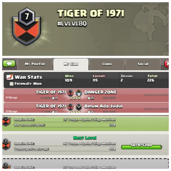 C179◆CLAN NAME: TIGER OF 1971◆CLAN LEVEL: 7◆WAR LOG: WINS-109 | LOSS-115◆INSTANT DELIVERY◈EXTRA ORDINARY STORE
