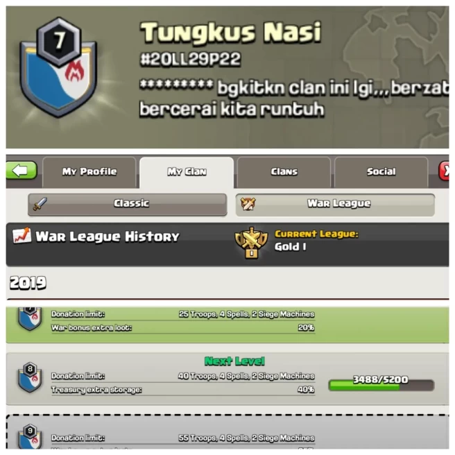 C180◆CLAN NAME: Tungkus Nasi◆CLAN LEVEL: 7◆WAR LOG: Gold I◆CHEAP RATE IN MARKET◈EXTRA ORDINARY STORE