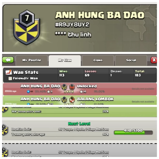 C181▰NAME: ANH HUNG BA DAO▰LEVEL: 7▰POSITIVE WAR LOG: WINS-113 / LOSS-69▰INSTANT DELIVERY◈EXTRA ORDINARY STORE