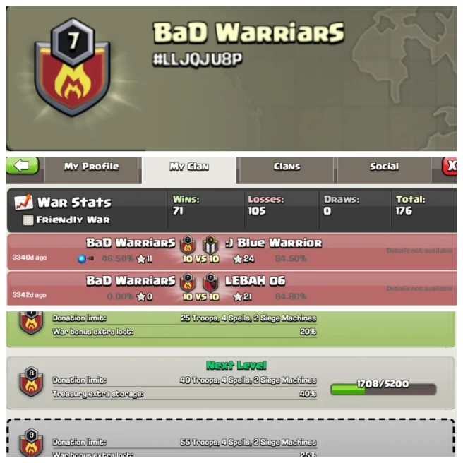 C183◈CLAN NAME: Bad warriars◈CLAN LEVEL: 7◈WAR LOG: WINS-71,LOSS-105◈INSTANT DELIVERY ◈EXTRA ORDINARY STORE