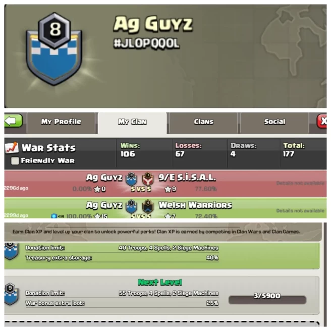 C184▰CLAN NAME: Ag guyz▰CLAN LEVEL: 8▰POSITIVE WAR LOG: WINS-106 | LOSS-67▰READY FOR WAR◈EXTRA ORDINARY STORE