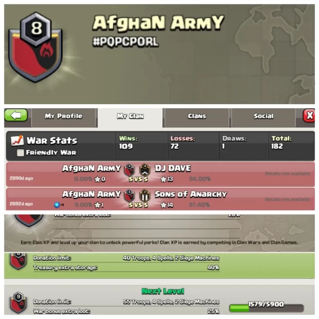C185◆CLAN NAME: Afghan army◆CLAN LEVEL: 8◆POSITIVE WAR LOG: WINS-109 | LOSS-72◆KYC SELLER◈EXTRA ORDINARY STORE