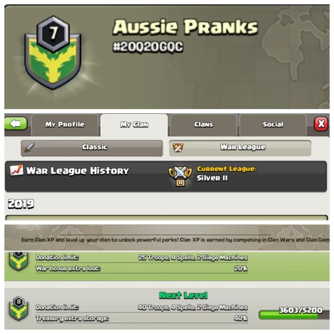 C186◈CLAN NAME: Aussie pranks◈CLAN LEVEL: 7◈WAR LOG: SILVER II◈TRUSTED SELLER◈EXTRA ORDINARY STORE