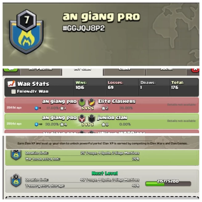 C187▰CLAN NAME: an giang pro▰CLAN LEVEL: 7▰POSITIVE WAR LOG: WINS-106 / LOSS-69▰BEST PRICE IN MARKET ◈EXTRA ORDINARY STORE