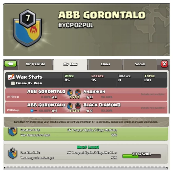 C189◈CLAN NAME: ABB GORONTALO◈CLAN LEVEL: 7◈WAR LOG: WINS-85,LOSS-95◈CHEAP RATE IN MARKET ◈EXTRA ORDINARY STORE