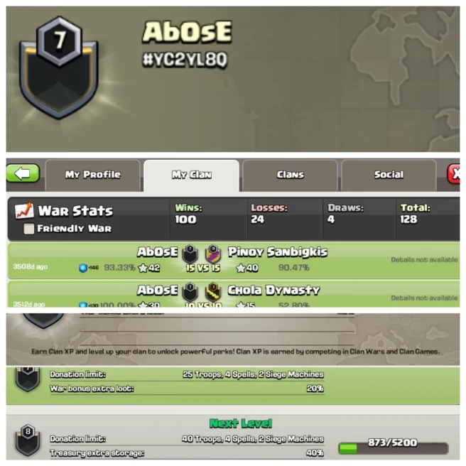C191▰CLAN NAME: Abose▰CLAN LEVEL: 7▰POSITIVE WAR LOG: WINS-100 | LOSS-24▰BEST PRICE IN MARKET◈EXTRA ORDINARY STORE 