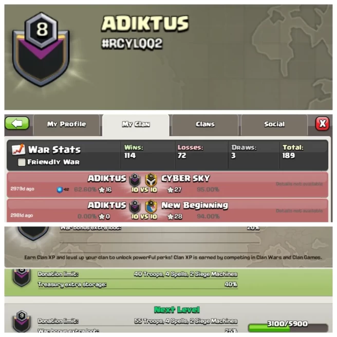 C193◆CLAN NAME: ADIKTUS◆CLAN LEVEL: 8◆POSITIVE WAR LOG: WINS-114 | LOSS-72◆READY FOR WAR◈EXTRA ORDINARY STORE