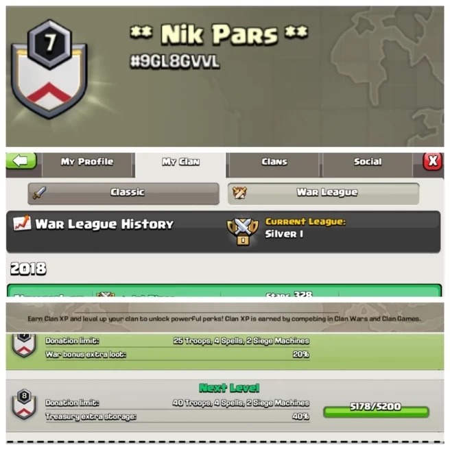C195◈CLAN NAME: Nik pars◈CLAN LEVEL: 7◈WAR LOG: SILVER I◈KYC SELLER◈EXTRA ORDINARY STORE