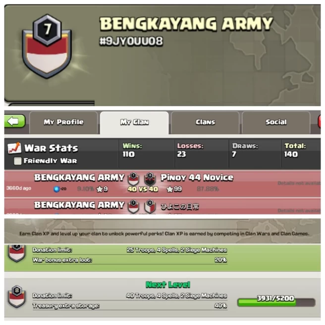 C196▰CLAN NAME: BENGKAYANG ARMY▰CLAN LEVEL: 7▰POSITIVE WAR LOG: WINS-110 | LOSS-23▰INSTANT DELIVERY◈EXTRA ORDINARY STORE