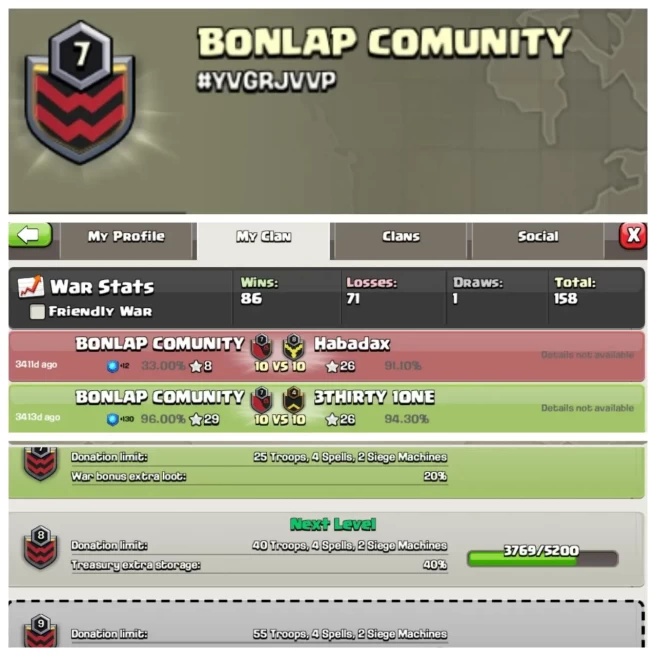 C198◈CLAN NAME: BONLAP COMUNITY◈CLAN LEVEL: 7◈POSITIVE WAR LOG: WINS-86 | LOSS-71◈BEST PRICE IN MARKET◈EXTRA ORDINARY STORE