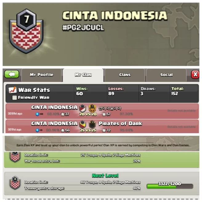 C199▰CLAN NAME: CINTA INDONESIA▰CLAN LEVEL: 7▰WAR LOG: WINS-60/LOSS-89▰CHEAP RATE◈EXTRA ORDINARY STORE