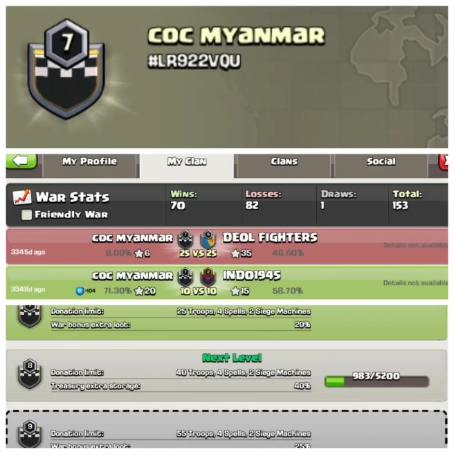 C200◈CLAN NAME: COC MYANMAR◈CLAN LEVEL:70◈WAR LOG: WINS-79,LOSS-82◈INSTANT DELIVERY◈EXTRA ORDINARY STORE
