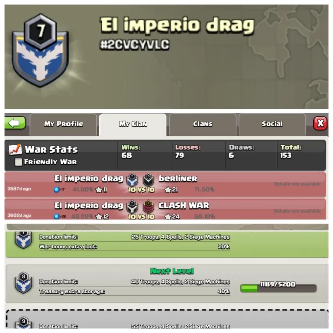 C202▰CLAN NAME: Ei imperio drag▰CLAN LEVEL: 7▰WARBLOG: WINS-68,LOSS-79▰TRUSTED SELLER◈EXTRA ORDINARY STORE