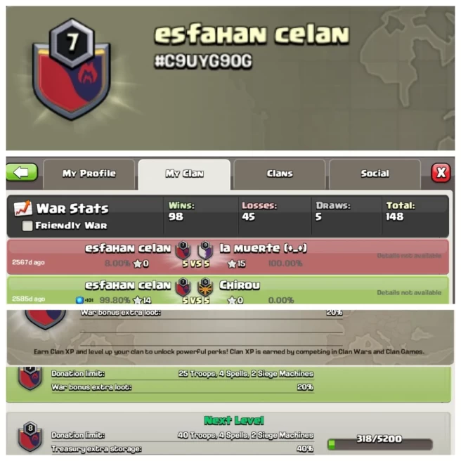 C203◆CLAN NAME: esfahan celan◆CLAN LEVEL: 7◆POSITIVE WAR LOG: WINS-98 | LOSS-45◆BEST PRICE IN MARKET◈EXTRA ORDINARY STORE 