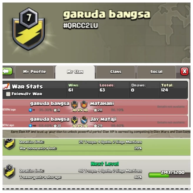C205▰CLAN NAME: garuda bangsa▰CLAN LEVEL: 7▰WAR LOG: WINS-61,LOSS-63▰INSTANT DELIVERY◈EXTRA ORDINARY STORE