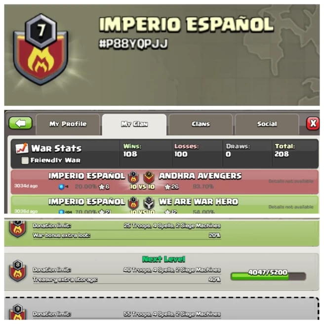 C207◈CLAN NAME: IMPERIO ESPANOL◈CLAN LEVEL: 7◈POSITIVE WAR LOG: WINS-108 | LOSS-100◈INSTANT DELIVERY ◈EXTRA ORDINARY STORE