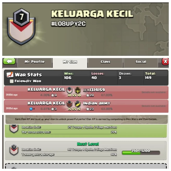 C208▰CLAN NAME: KELUARGA KECIL▰CLAN LEVEL: 7▰POSITIVE WAR LOG: WINS-106 | LOSS-40▰KYC SELLER◈EXTRA ORDINARY STORE