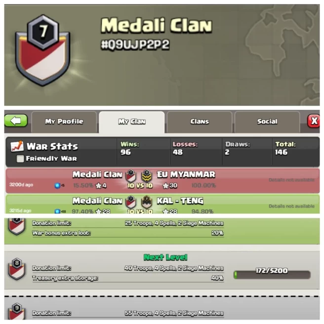 C209◆CLAN NAME: Medali Clan◆CLAN LEVEL: 7◆POSITIVE WAR LOG: WINS-96 | LOSS-48◆BEST PRICE IN MARKET◈EXTRA ORDINARY STORE 