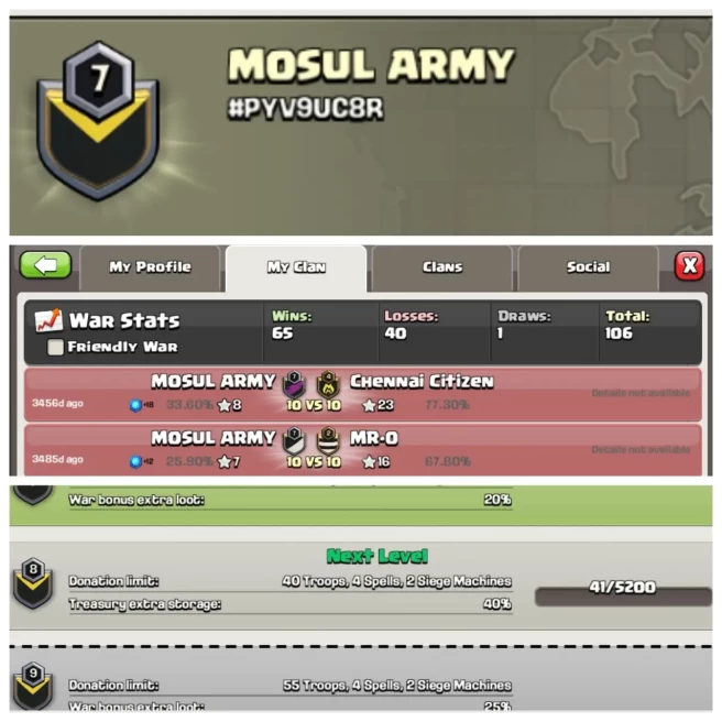 C210◈CLAN NAME: MOSUL ARMY◈CLAN LEVEL: 7◈POSITIVE WAR LOG: WINS-65 | LOSS-40◈TRUSTED SELLER◈EXTRA ORDINARY STORE