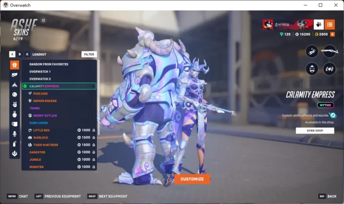 HANZO / ONRYO / ASHE / CALAMITY EMPRESS / 2800 Overwatch Coins / 4 Gold Weapons / Full Mail Access / Please Read Description  / ewoblw
