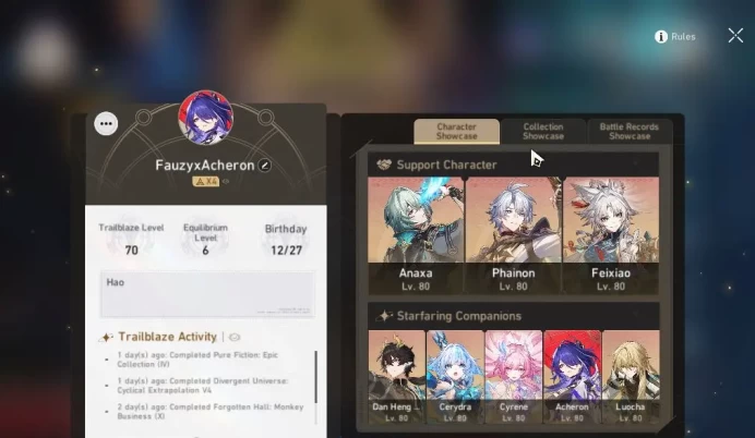 ASIA|TL 70|9 Limited|Anaxa+Sign,Phainon,Cyrene,Feixiao,Cerydra,Acheron,Etc|SJ 2,3K|MC Female|Amphoreus|TakeMail|CheckSS(HSR5270)