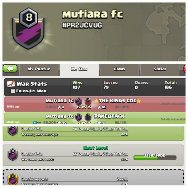 C211▰CLAN NAME: Mutiara fc▰CLAN LEVEL:8▰POSITIVE WAR LOG: WINS-107 / LOSS-79▰INSTANT DELIVERY▰EXTRA ORDINARY STORE