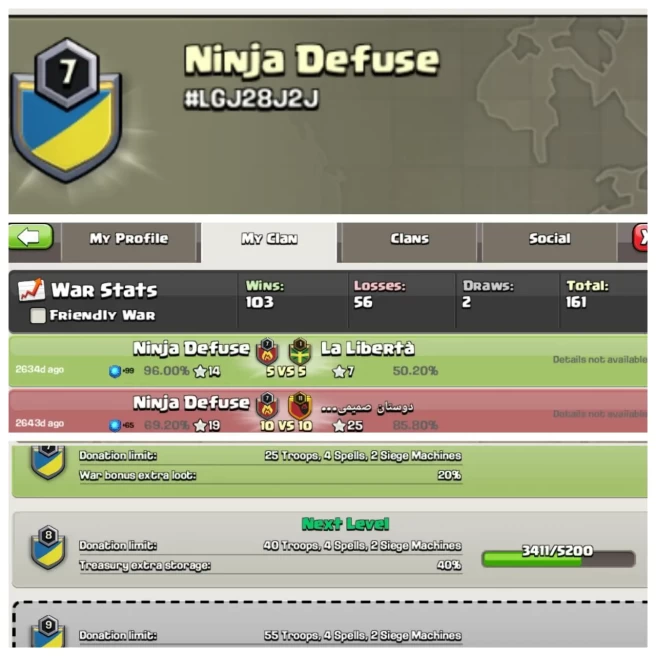 C212◆CLAN NAME: Ninja defuse◆CLAN LEVEL: 7◆POSITIVE WAR LOG: WINS-103 / LOSS-56◆READY FOR WAR▰EXTRA ORDINARY STORE