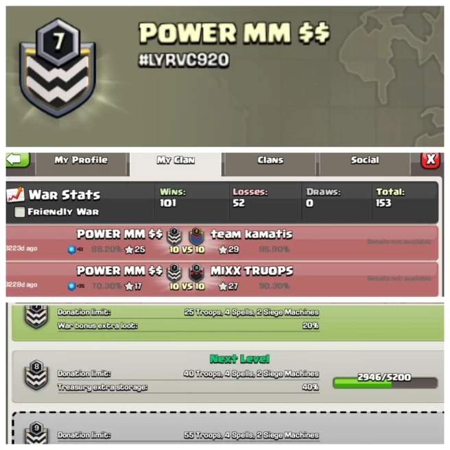 C215◆CLAN NAME: POWER MM $$◆CLAN LEVEL: 7◆POSITIVE WAR LOG: WINS-101 | LOSS-52◆INSTANT DELIVERY ▰EXTRA ORDINARY STORE