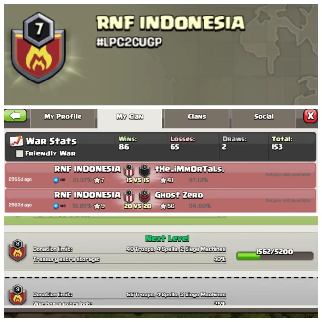 C217▰CLAN NAME: RNF INDONESIA▰CLAN LEVEL: 7▰POSITIVE WAR LOG: WINS-86 / LOSS-65▰BEST PRICE IN MARKET ▰EXTRA ORDINARY STORE