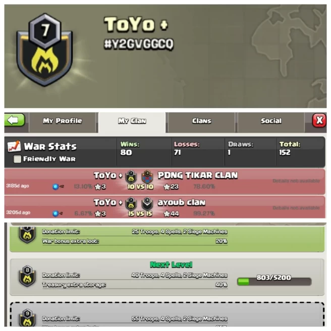 C218◆CLAN NAME: Toyo +◆CLAN LEVEL: 7◆POSITIVE WAR LOG: WINS-80 | LOSS-71◆CHEAPEST RATE IN MARKET ▰EXTRA ORDINARY STORE