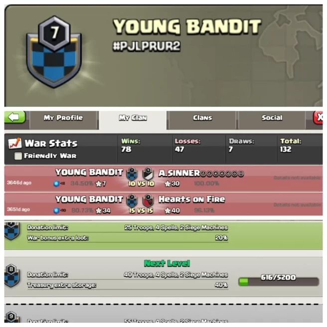 C219▰CLAN NAME: YOUNG BANDIT▰CLAN LEVEL: 7▰POSITIVE WAR LOG: WINS-78 | LOSS-47▰BEST PRICE IN MARKET ▰EXTRA ORDINARY STORE