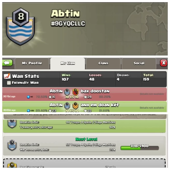 C220◈CLAN NAME: abtin◈CLAN LEVEL: 8◈POSITIVE WAR LOG: WINS-107 | LOSS-48◈BEST PRICE IN MARKET ▰EXTRA ORDINARY STORE