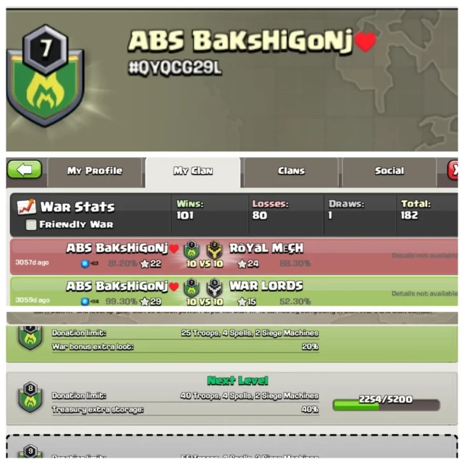 C221▰CLAN NAME: ABS bakshigonj▰CLAN LEVEL: 7▰POSITIVE WAR LOG: WINS-101/LOSS-80▰INSTANT DELIVERY▰EXTRA ORDINARY STORE 