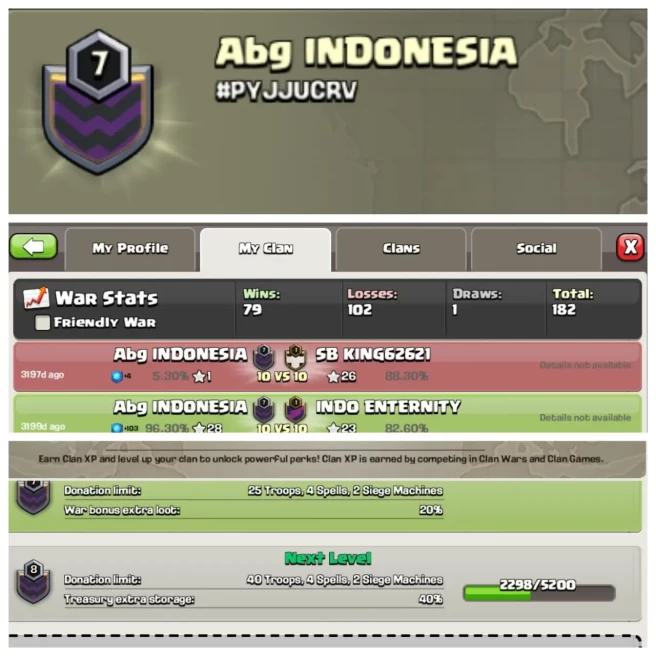 C222◆CLAN NAME: Abg INDONESIA◆CLAN LEVEL: 7◆WAR LOG: WINS-79,LOSS-102◆CHEAP RATE ▰EXTRA ORDINARY STORE