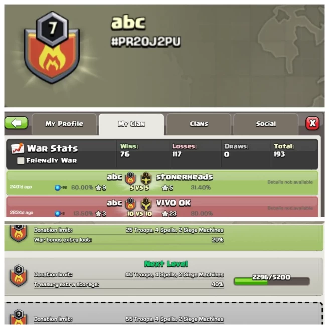 C223◆CLAN NAME: abc◆CLAN LEVEL: 7◆WAR LOG: WINS-76,LOSS-117◆TRUSTED SELLER▰EXTRA ORDINARY STORE