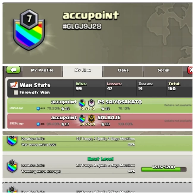 C226▰CLAN NAME: accupoint▰CLAN LEVEL: 7▰POSITIVE WAR LOG: WINS-99 | loss-47▰INSTANT DELIVERY ▰EXTRA ORDINARY STORE