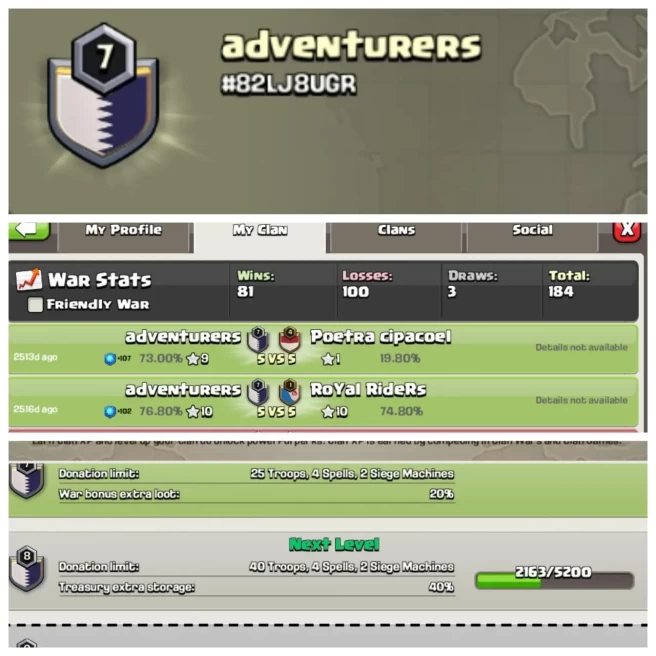 C227◈CLAN NAME: adventurers◈CLAN LEVEL: 7◈WAR LIG: WINS-81,LOSS-100◈INSTANT DELIVERY ▰EXTRA ORDINARY STORE