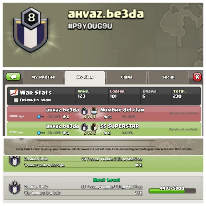 C230◈CLAN NAME: ahvaz.be3da◈CLAN LEVEL: 8◈POSITIVE WAR LOG: WINS-123 | LOSS-101◈INSTANT DELIVERY ▰EXTRA ORDINARY STORE