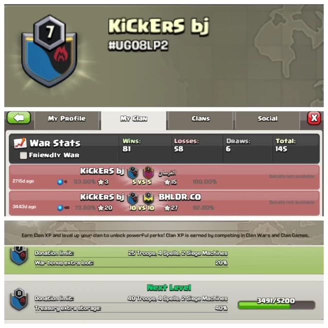 C233▰CLAN NAME: Kickers bj▰CLAN LEVEL: 7▰POSITIVE WAR LOG: WINS-81 | LOSS-58▰KYC SELLER▰EXTRA ORDINARY STORE