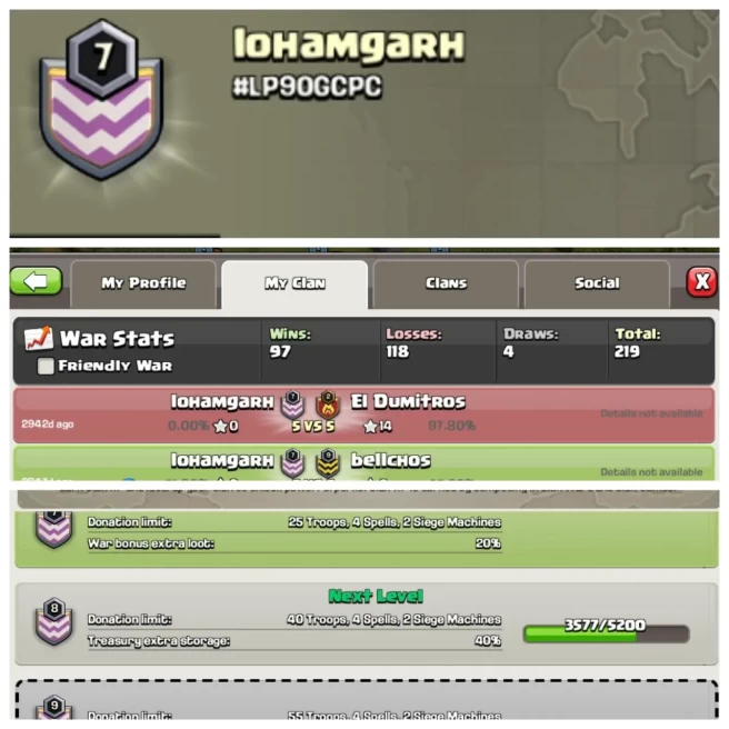 C236◆CLAN NAME: lohamgarh◆CLAN LEVEL: 7◆WAR LOG: WINS-97,LOSS-118▰EXTRA ORDINARY STORE
