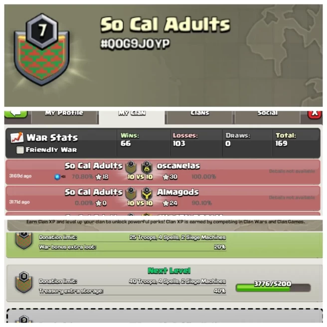 C238◆CLAN NAME: so cal adults◆CLAN LEVEL: 7◆WAR LOG: WINS-66,LOSS-103◆CHEAP RATE IN MARKET▰EXTRA ORDINARY STORE