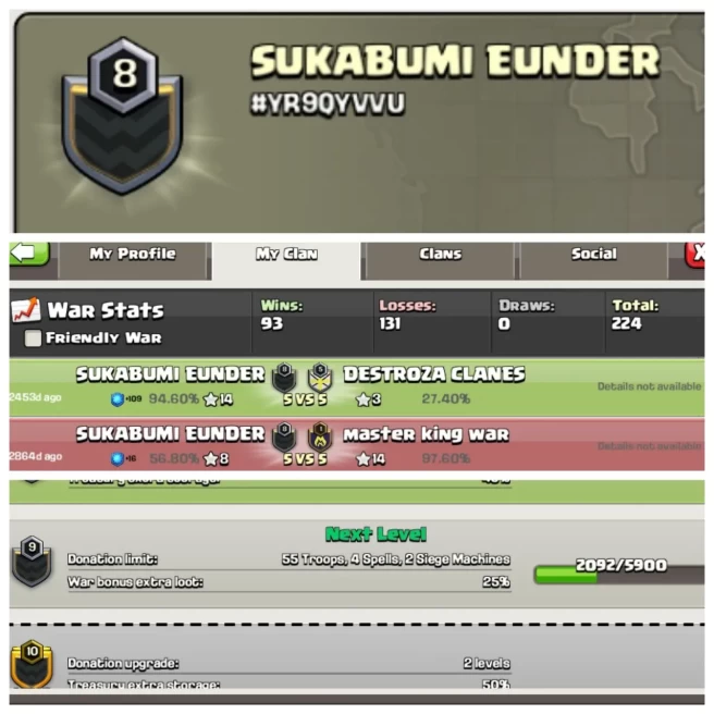 C240▰CLAN NAME: SUKABUMI EUNDER▰CLAN LEVEL: 8▰WAR LOG: WINS-93,LOSS-131▰BEST PRICE IN MARKET ▰EXTRA ORDINARY STORE