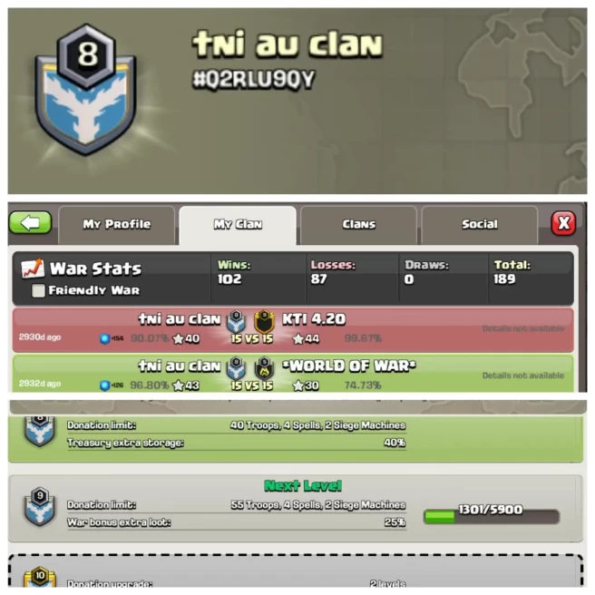 C242◈CLAN NAME: tni au clan◈CLAN LEVEL: 8◈POSITIVE WAR LOG: WINS-102 | LOSS-87◈READY FOR WAR▰EXTRA ORDINARY STORE