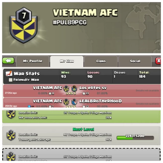 C245◈CLAN NAME: VIETNAM AFC◈CLAN LEVEL: 7◈POSITIVE WAR LOG: WINS-93,LOSS-90◈READY FOR WAR▰EXTRA ORDINARY STORE