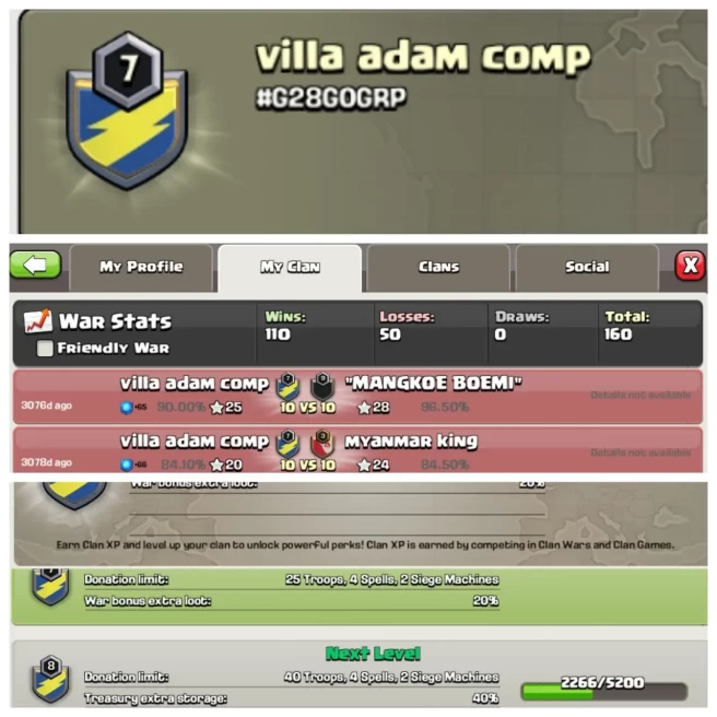 C246◆CLAN NAME: villa Adam comp◆CLAN LEVEL: 7◆POSITIVE WAR LOG: WINS-110 | loss-50◆READY FOR WAR▰EXTRA ORDINARY STORE