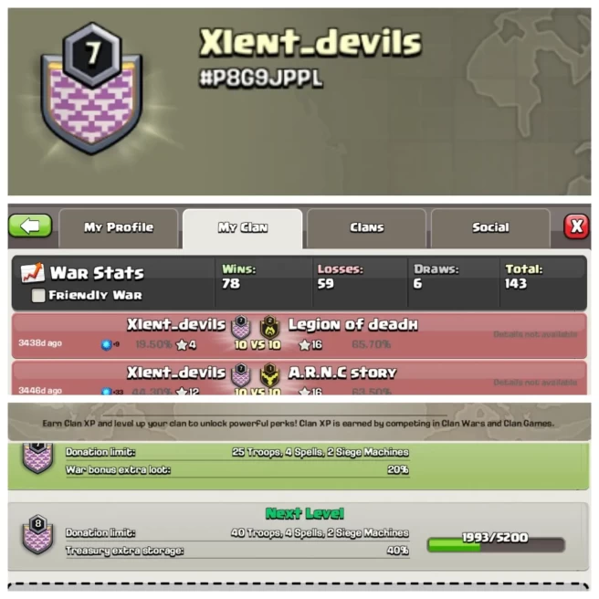 C247▰CLAN NAME: Xlent_devils▰CLAN LEVEL: 7▰POSIRIVE WAR LOG: WINS-78 / LOSS-59▰INSTANT DELIVERY ▰EXTRA ORDINARY STORE